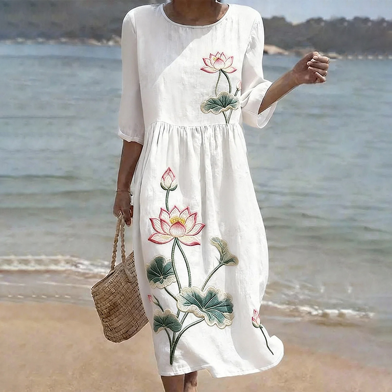 Vintage Floral Lotus Art Pattern Linen Blend Loose Three-quarter Sleeve Dress wearshes