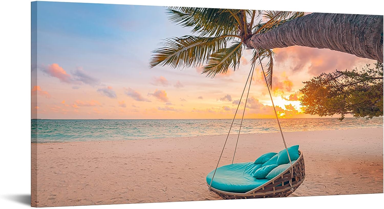 Kreative Arts Romantic Beach Sunset Canvas Wall Art - Ocean Waves Prints Palm Tree with Lounge for Living Room, Bedroom, Bathroom & Office - Framed Artwork Decorations for Easy Hanging 20x40 Inches