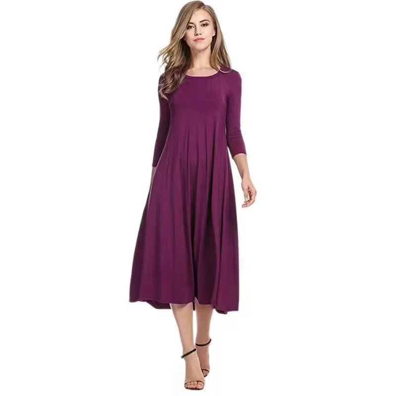 Uveng Women Round Neck Shirt Half Sleeve Solid Long Skirt Color Wide Hem Dress