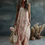 Women's Floral Roses Art Print Flowy Linen Blend Casual Tank Maxi Dress - Image 2