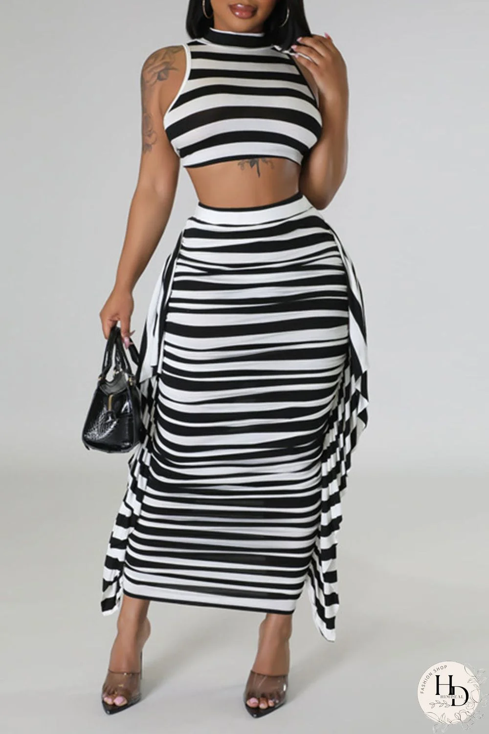 Red Casual Striped Print Patchwork Flounce O Neck Sleeveless Two Pieces