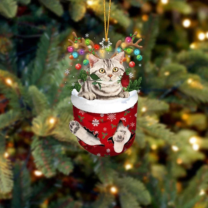 American Shorthair Cat In Snow Pocket Christmas Ornament.