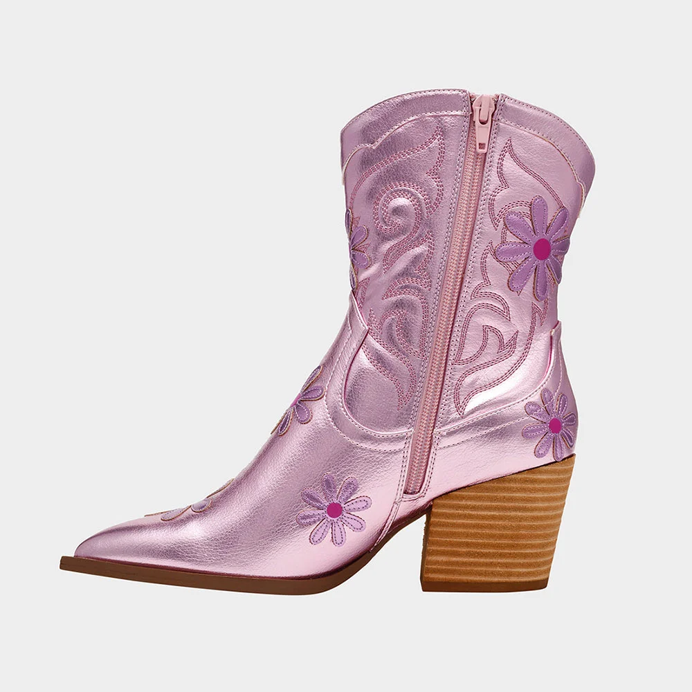 Pink Pointed Toe Chunky Heel Side Zipper Flower Cowgirl Boots