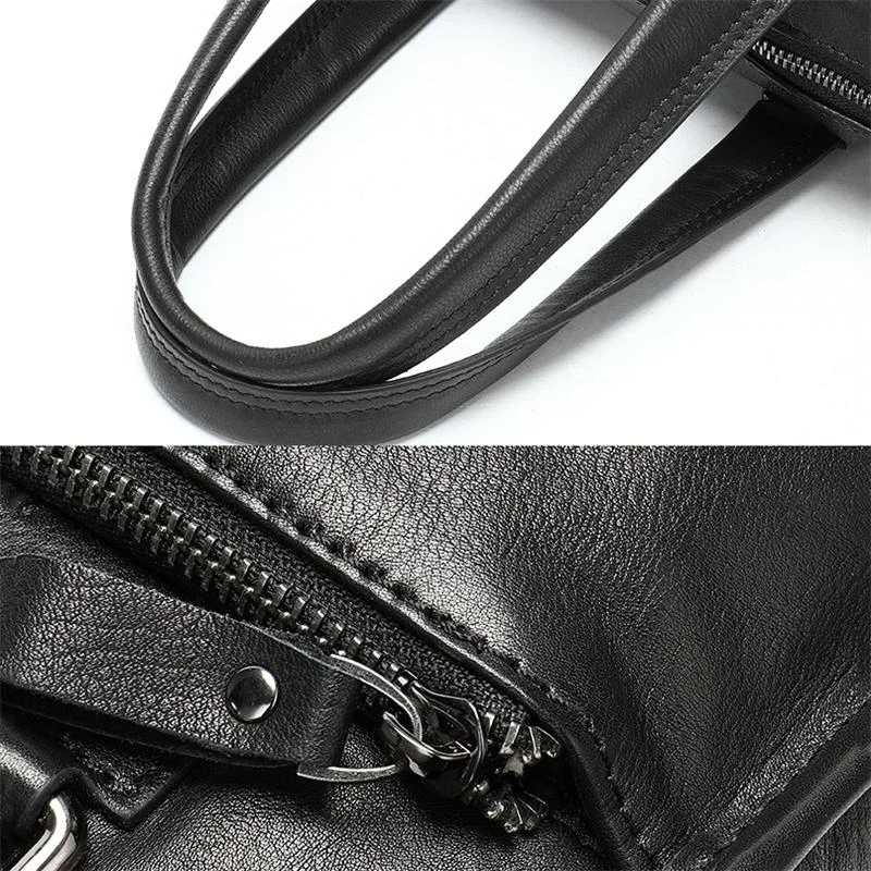 Soft Genuine Leather Dual Top-Handled Detachable Sling Strap Business Bag