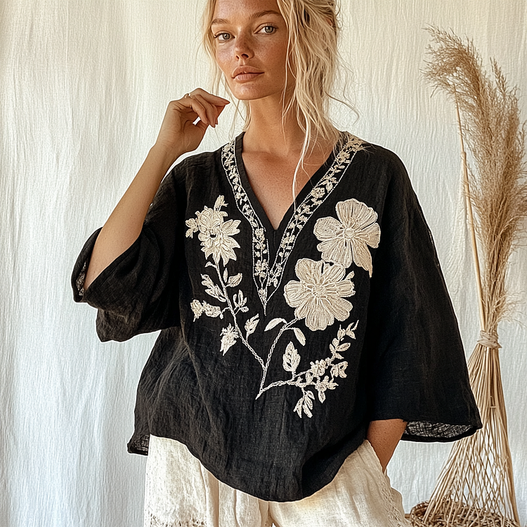 Utbros Women's Vintage Floral Pattern Cotton And Linen V-neck Comfort Shirt