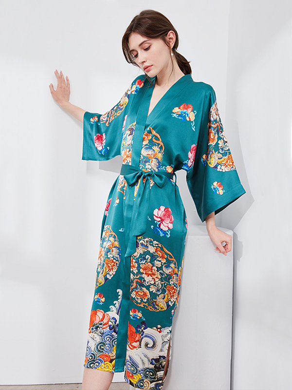 25 Momme Blue Kimono Flower Silk Robe REAL SILK LIFE