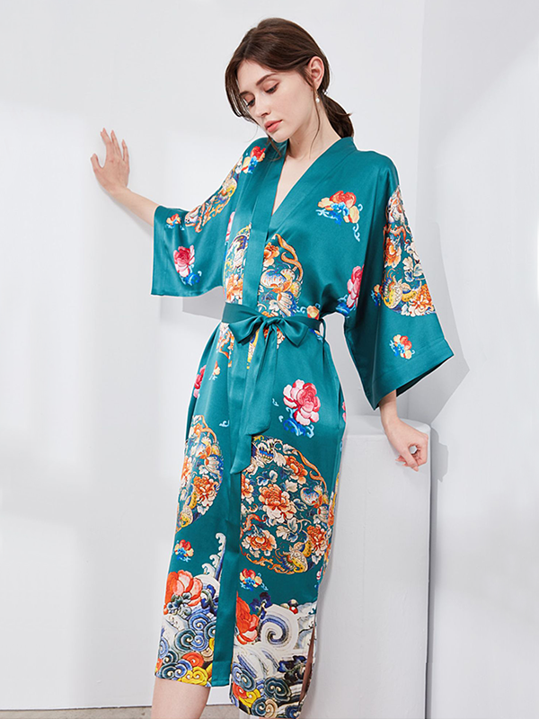 25 Momme Blue Kimono Flower Silk Robe-Real Silk Life