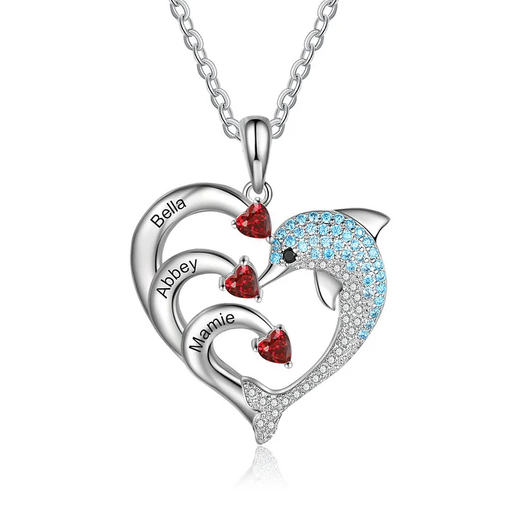 Heart Dolphin Birthstone Necklace Custom Ruby Necklace July Birthday Gift for Her