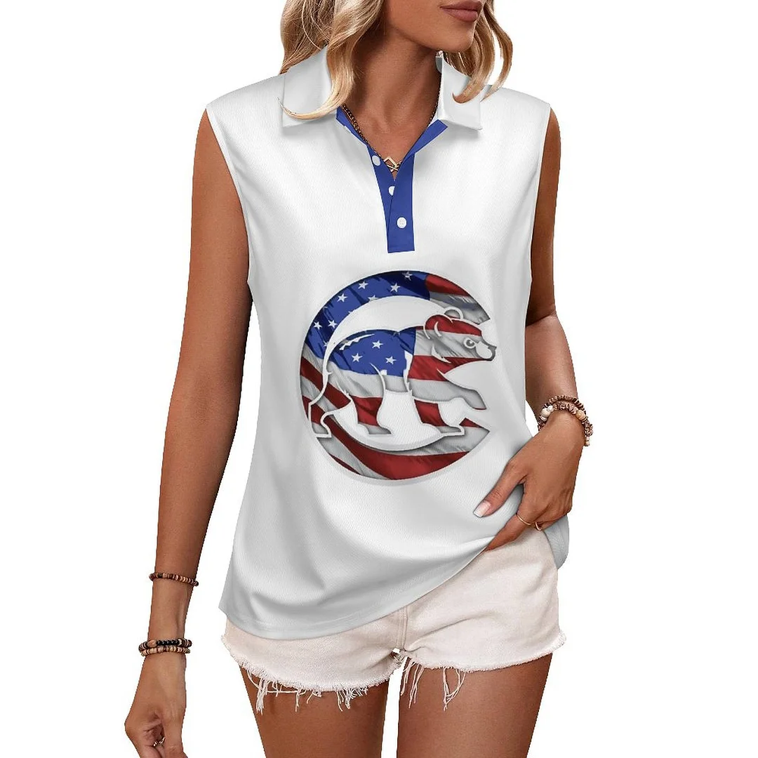 V-neck Sleeveless Casual POLO Shirt Tank Top for Women Printed with Pattern,Blue,Red
