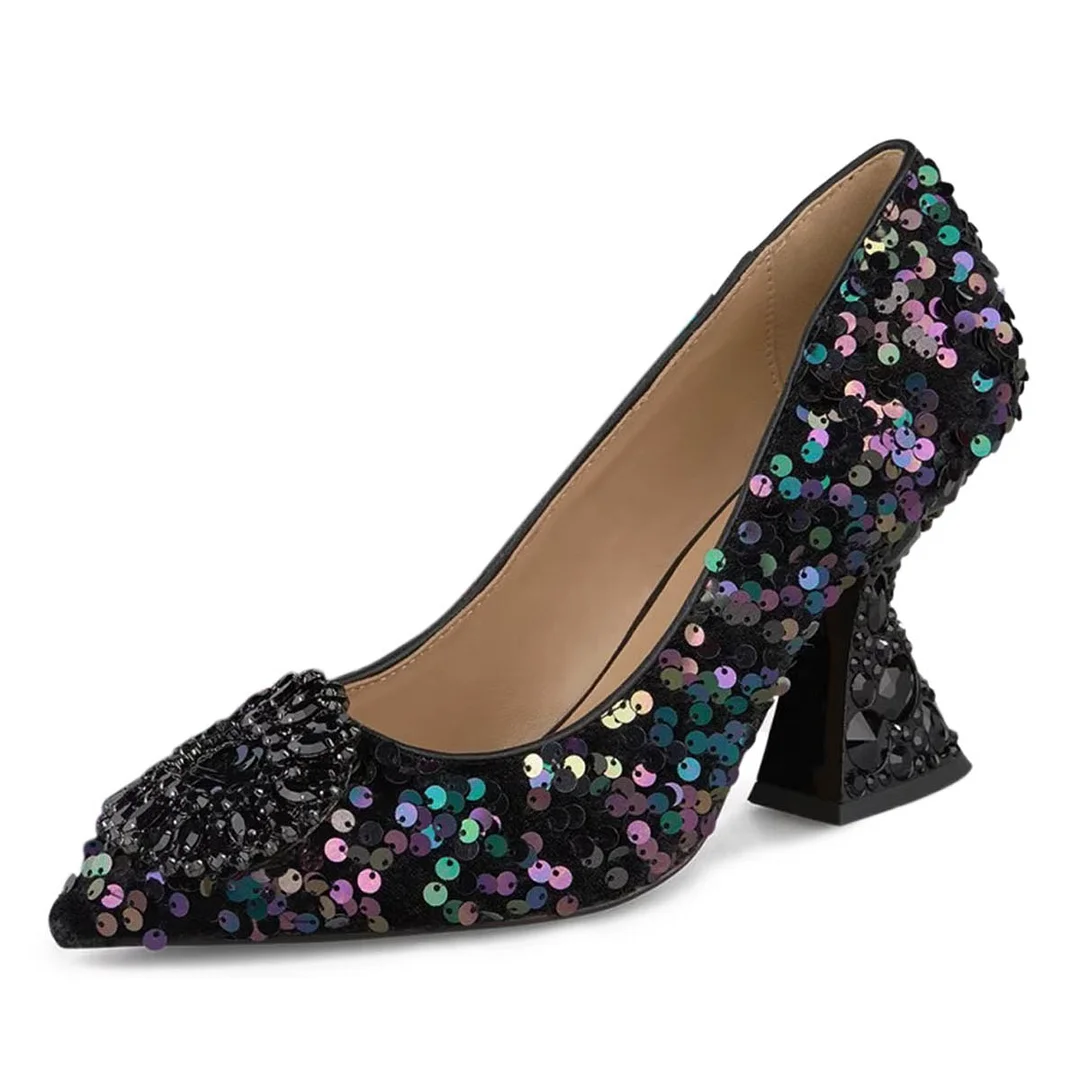 Black Rainbow Sparkling Sequined Pointed Toe Rhinestone Pumps