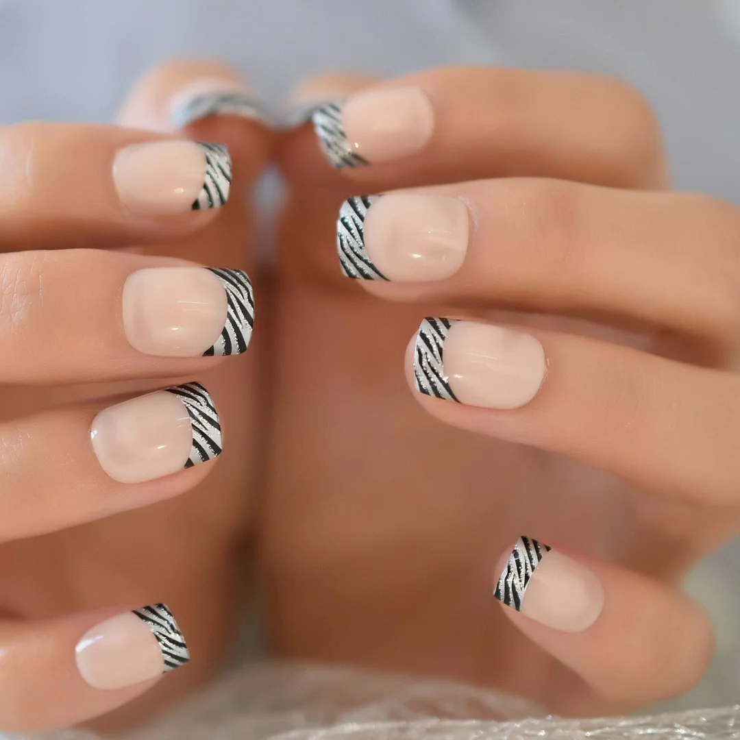 24 PCS Short Edge Glitter Zebra Nail Art Fake Nails Tips Full Cover Fashion Nail Foil Pink Crazy Press On Nails-Nail Inspo