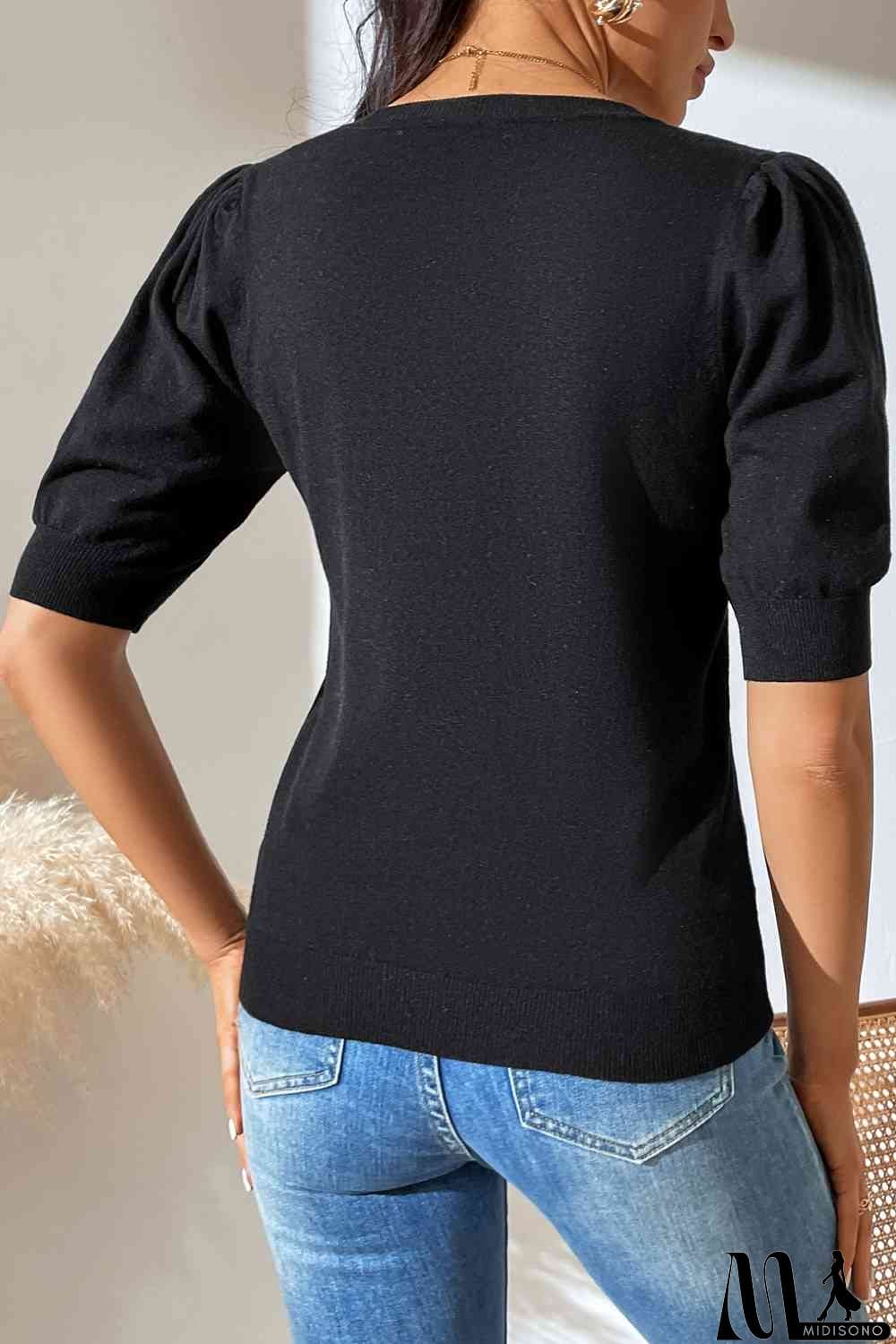 MidiSono - Round Neck Puff Sleeve Knit Top