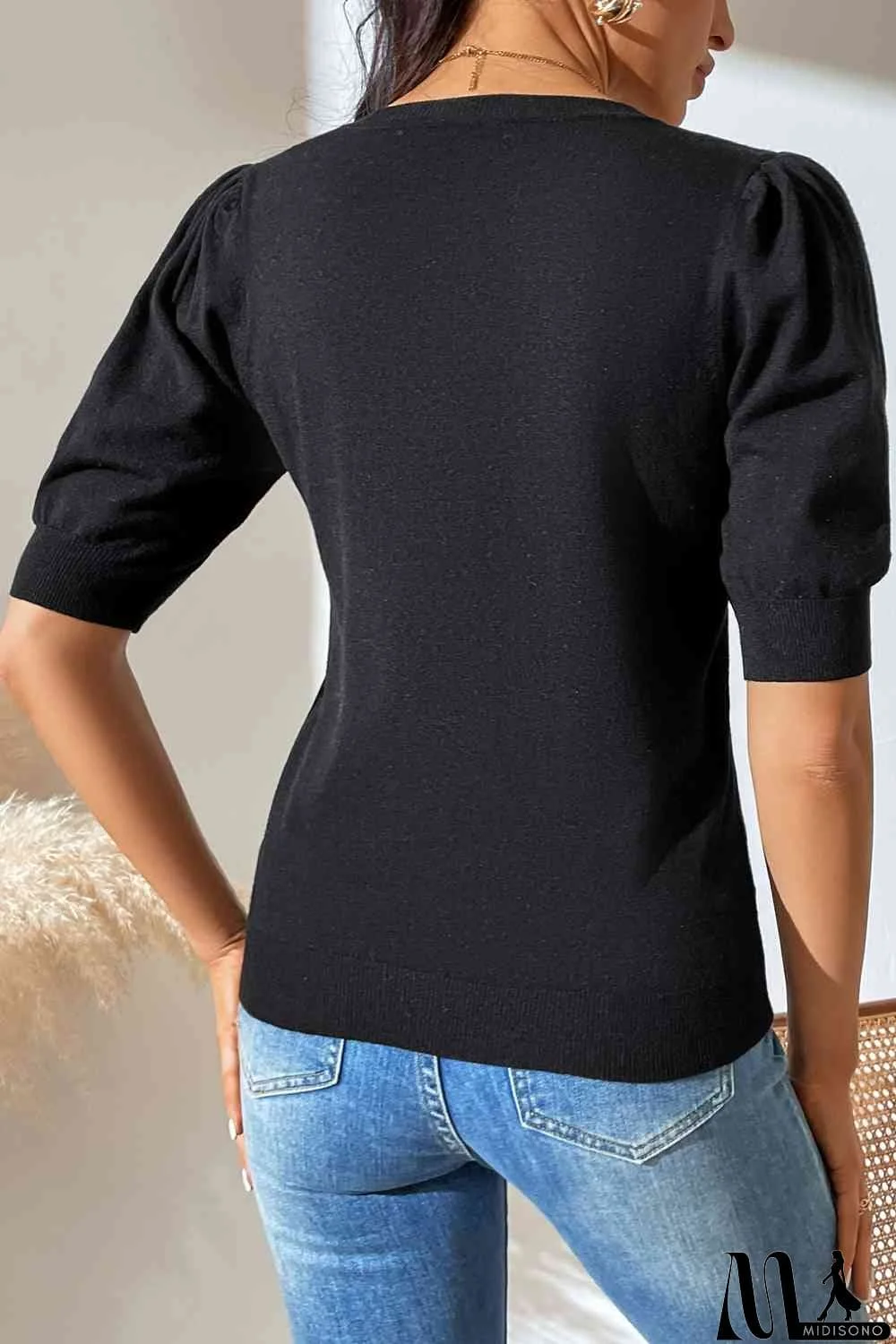 MidiSono - Round Neck Puff Sleeve Knit Top