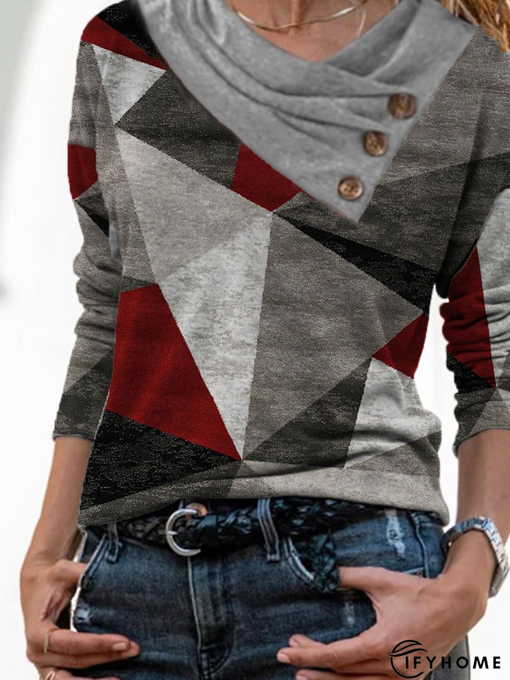 Color Block Geometric Printed Cowl Neck Casual Loosen Top | IFYHOME