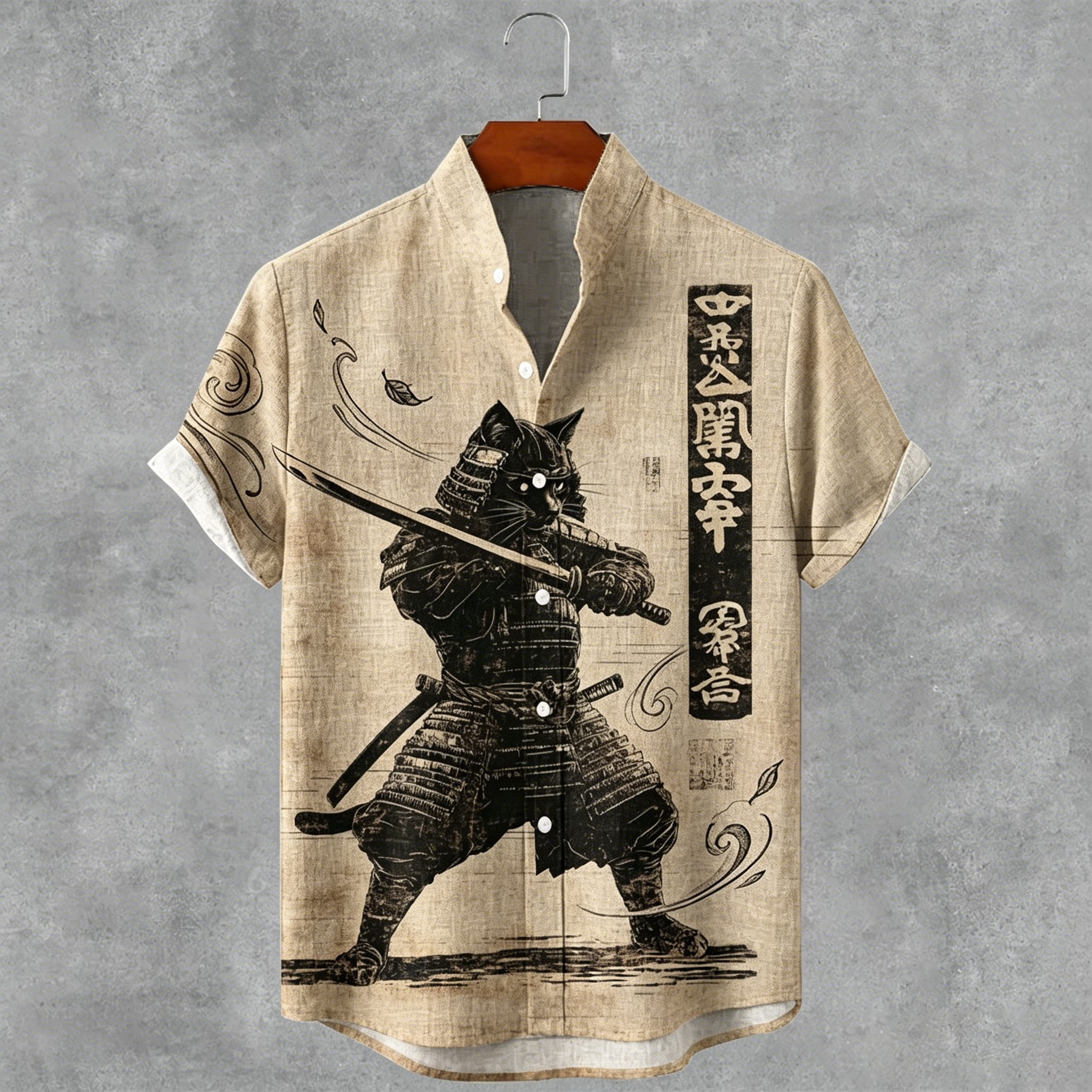 Men's Japanese Style Samurai Cat Art Print Short Sleeve Linen Shirt elevenforest