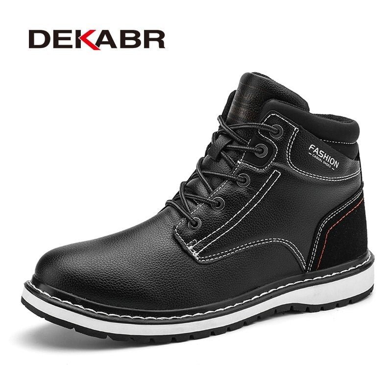 DEKABR Mens Genuine Leather Boots Round Toe High Quality Fashion Ankle Boots Casual Motorcycle Boots Waterproof Walking Shoes