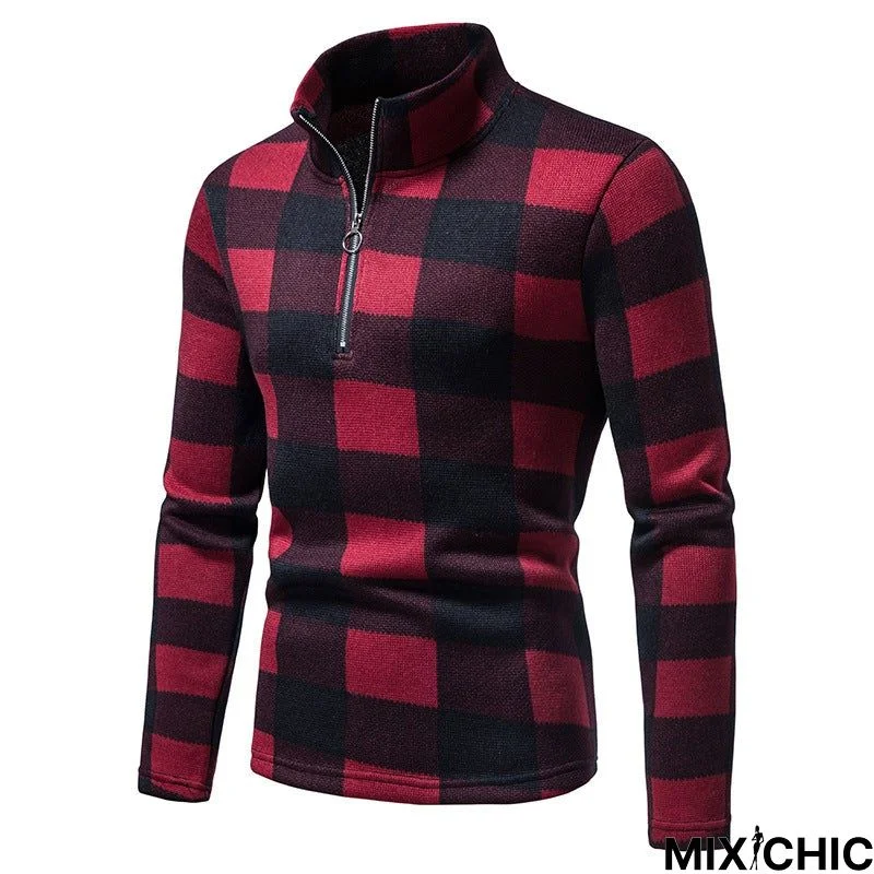 Men's Plaid Casual Zipper Sweater