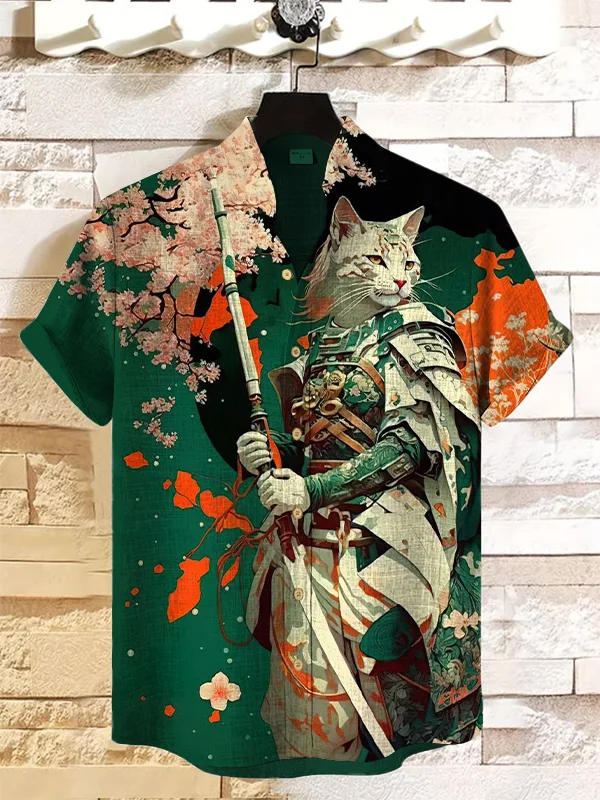 Men's Sakura Tree Kimono Armor Samurai Cat Japanese Art Painting Print Linen Blend Casual Shirt