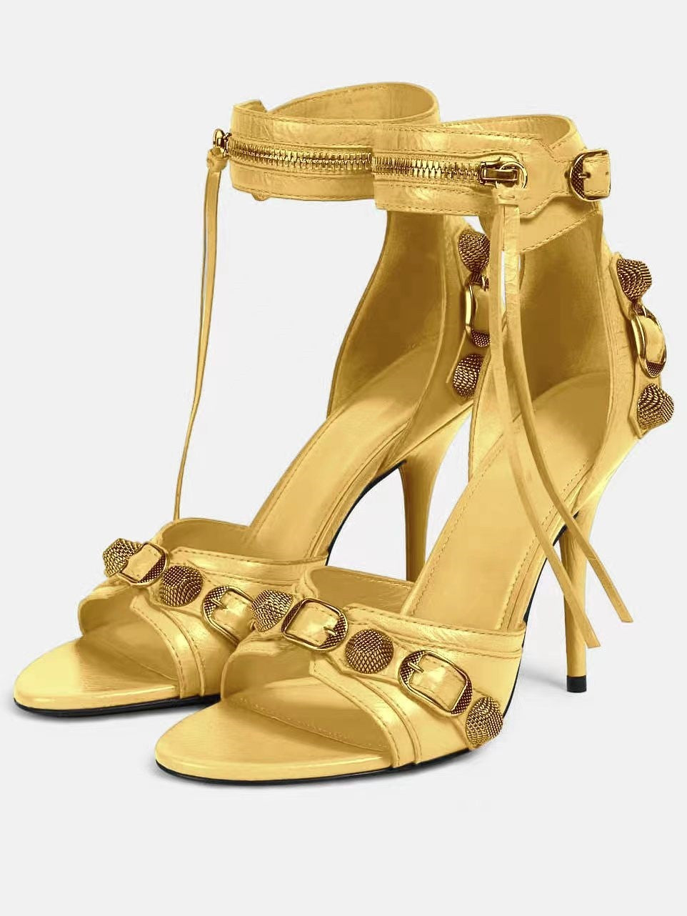 TAAFO Studded Buckle Strap Round Toe Stiletto Sandals