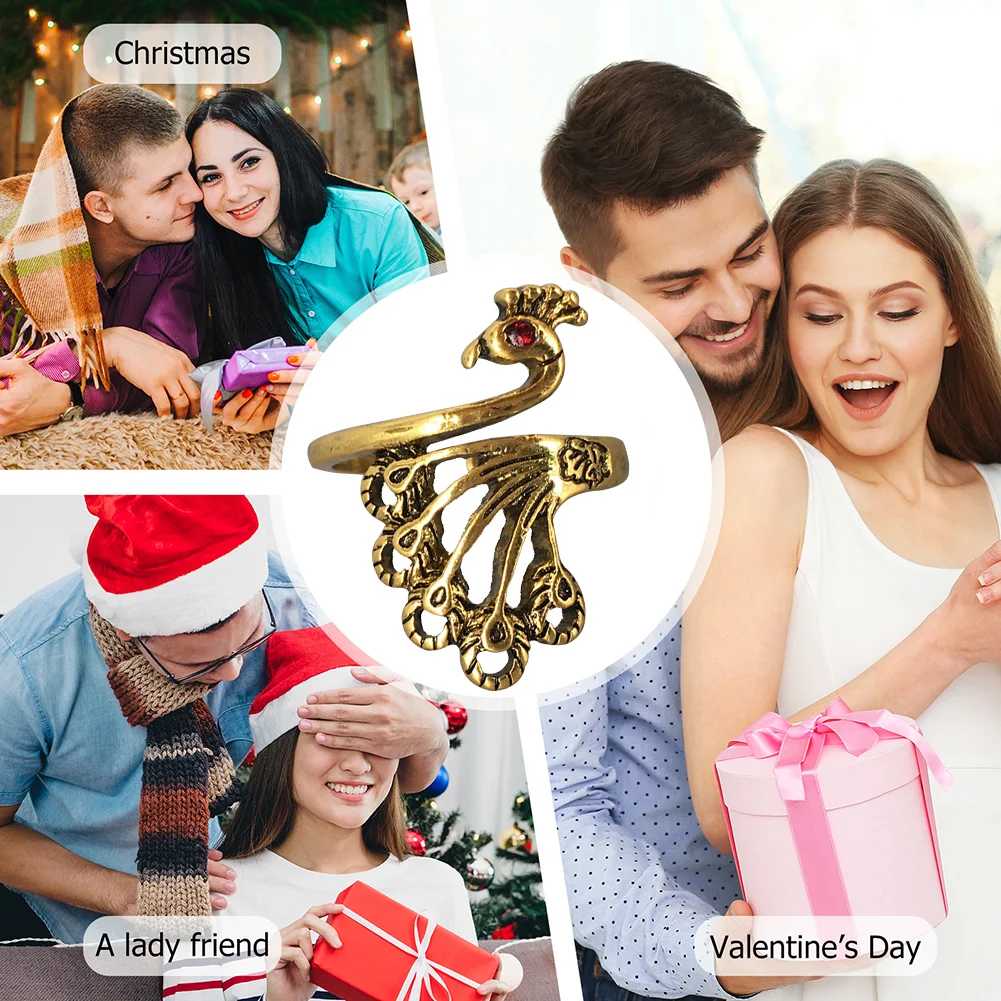 Women Vintage Alloy Ring Adjustable Thimble Crochet Loop (Red Peafowl)