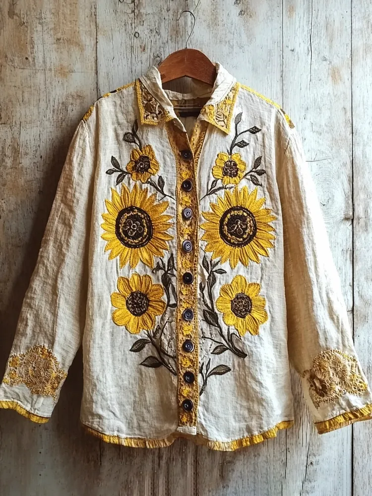 Vintage Sunflower Embroidery Women's Linen Long Sleeve Shirt