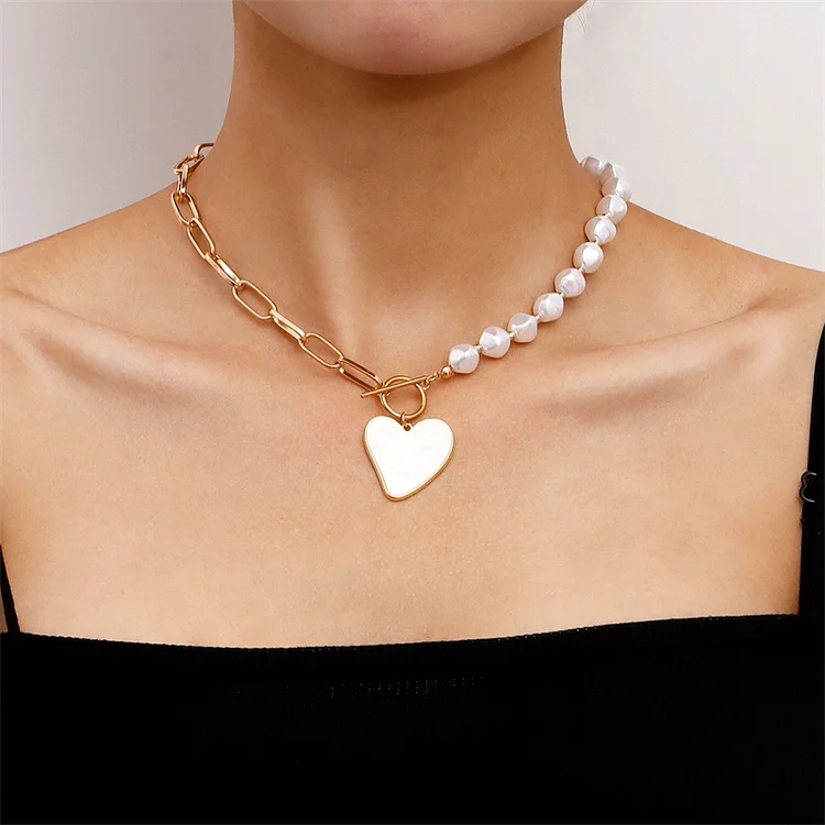 Fashion Golden Geometric Splicing Pearl Heart Shape Necklace  Flycurvy [product_label]