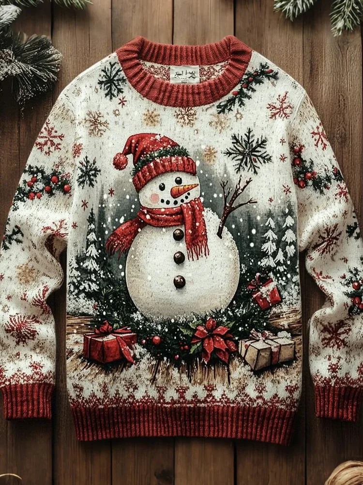 Women's Christmas Snowman Print Art Casual Knitted Sweater