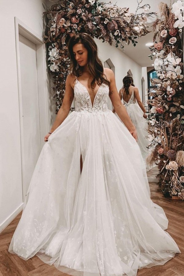 Gorgeous A-line V-neck Open Back Long Wedding Dress With Slit Lace Tulle | Ballbellas Ballbellas