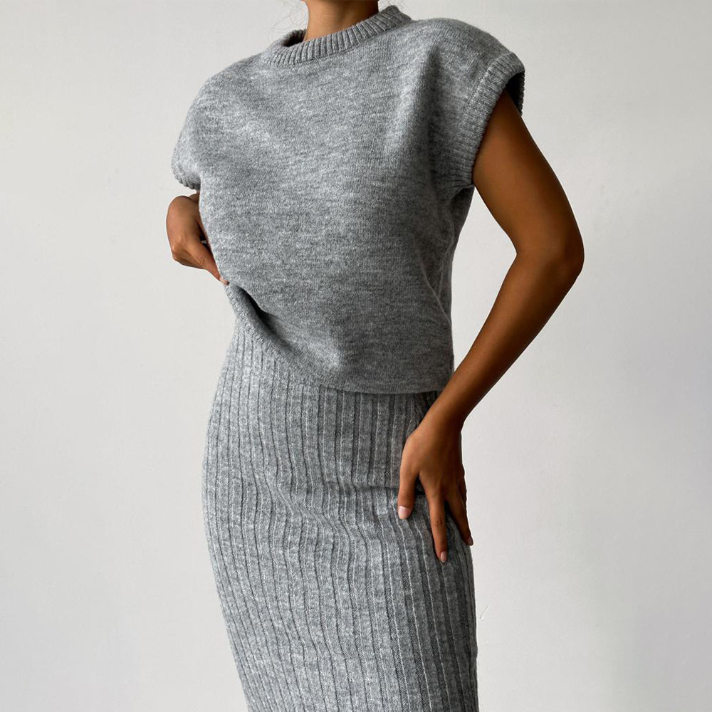 Ootddress Knit Sweater 2 Piece-Set Women Loose Ribbed Sleeveless Pullover And High Waist Long Skirt Outfits Knitwear Women's Sets