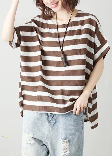 Women o neck Batwing Sleeve cotton tunic top Work chocolate striped shirt