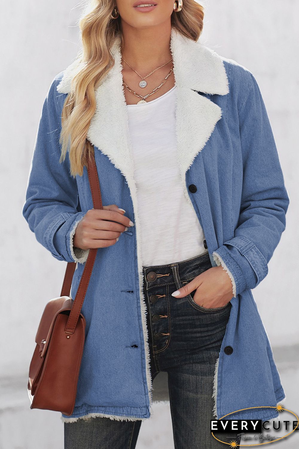 Sky Blue Lapel Collar Button Fleece Jacket