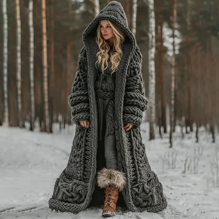 Women's Viking Celtic Knot Jacquard Art Hooded Knit Cardigan