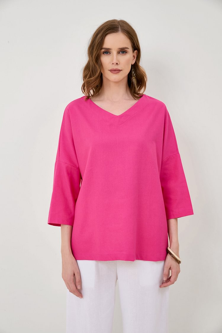 Cotton And Linen Mid-Sleeve V-Neck Comfort Top