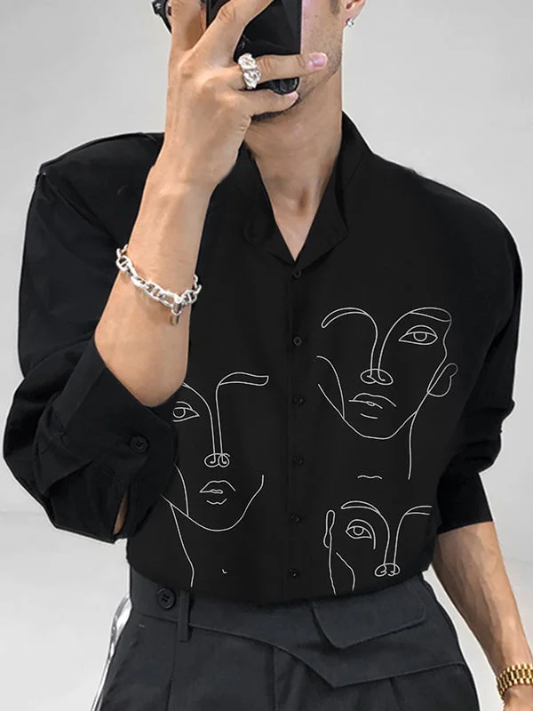 Aonga - Mens Abstract Face Print Long Sleeve ShirtsI