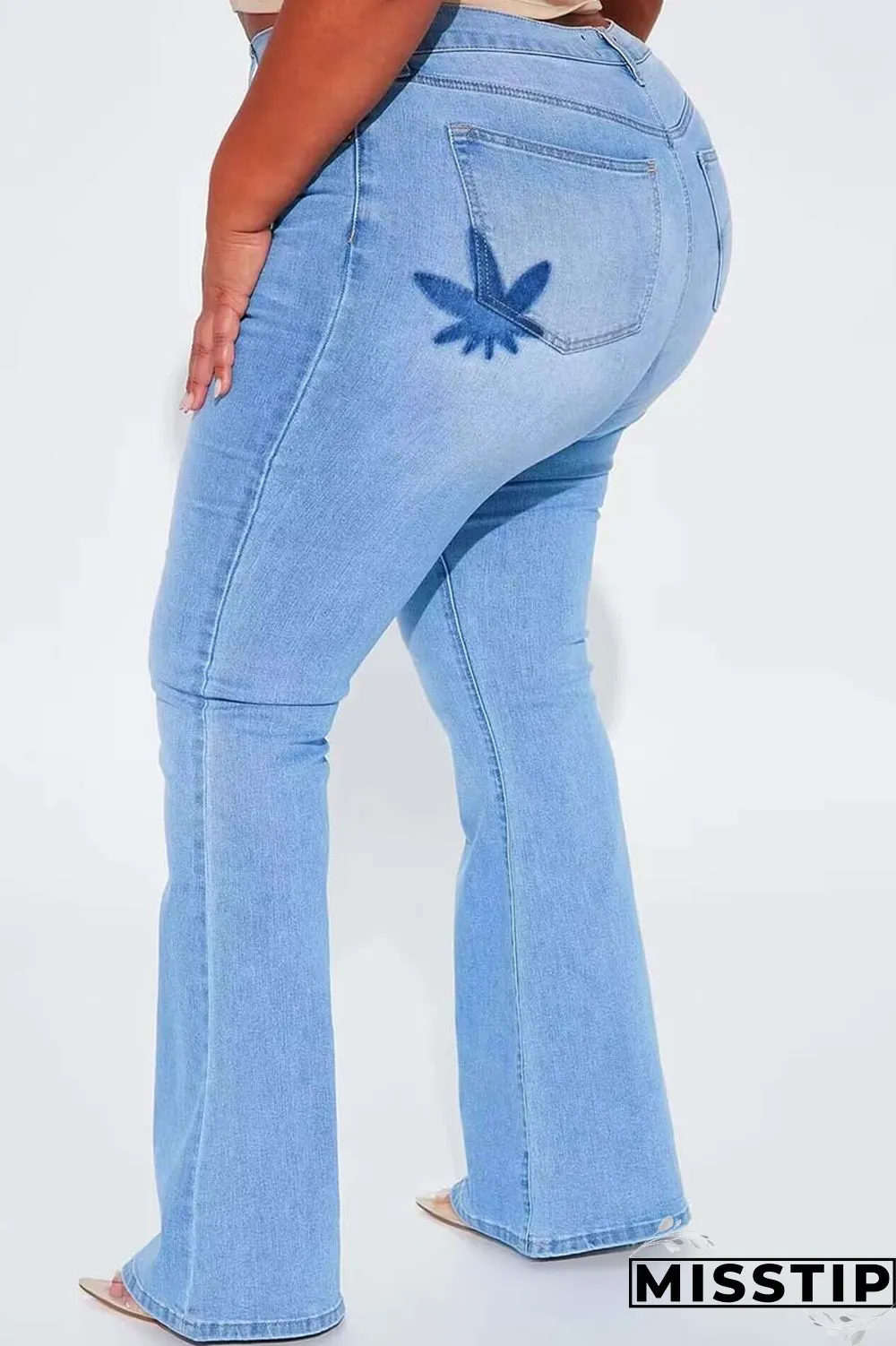 Light Blue Casual Solid Patchwork Plus Size Jeans