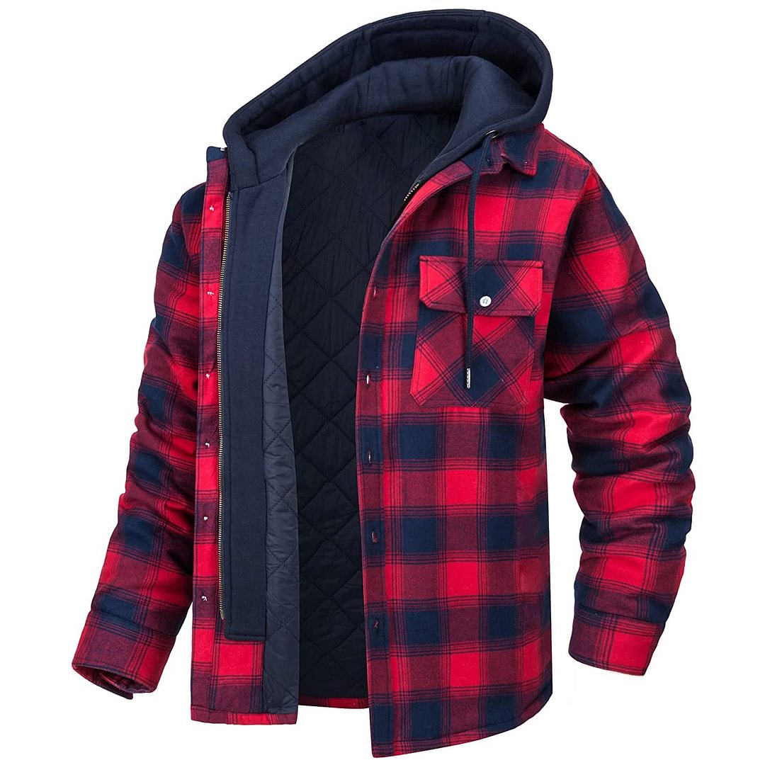 Men's Plaid Quilted Lined Shirt Jacket Thick Hoodie Outwear