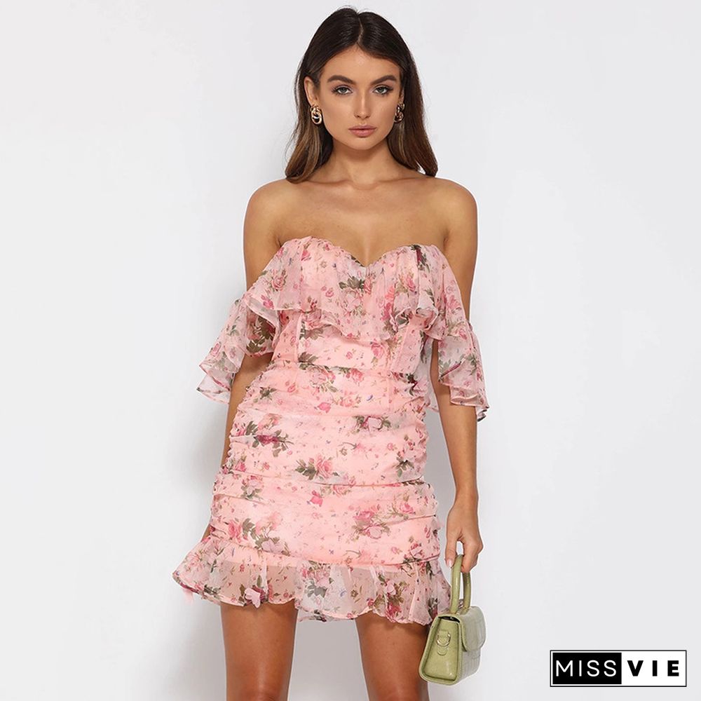 Applique Off Shoulder Ruffled Chiffon Dress