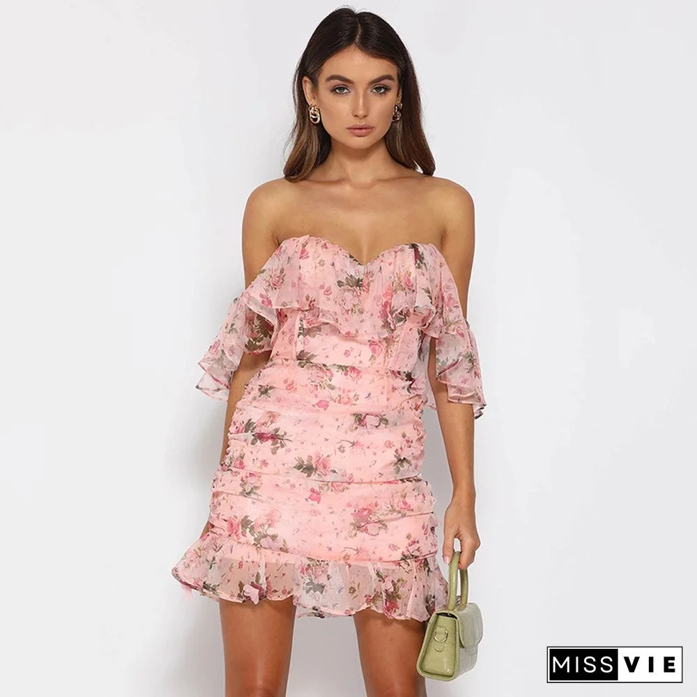 Applique Off Shoulder Ruffled Chiffon Dress
