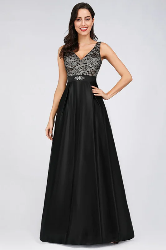 Chic Black Lace Long Satin Evening Prom Dress Online - lulusllly
