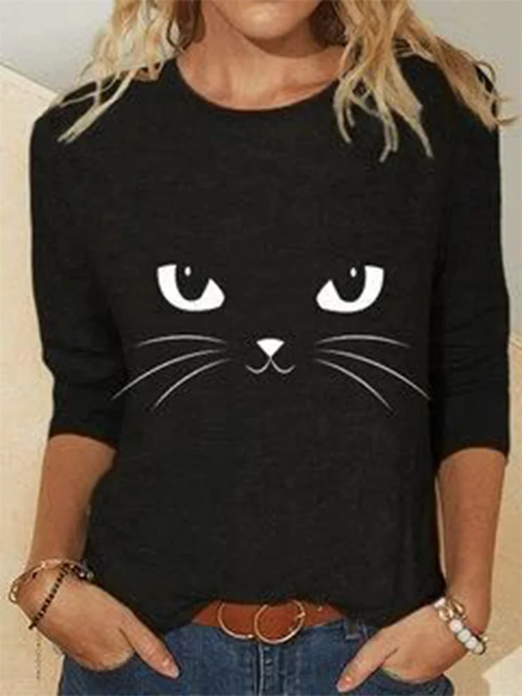 Women Casual Autumn Cat Daily Long Sleeve Crew Neck Regular H-Line Regular Size T-Shirt