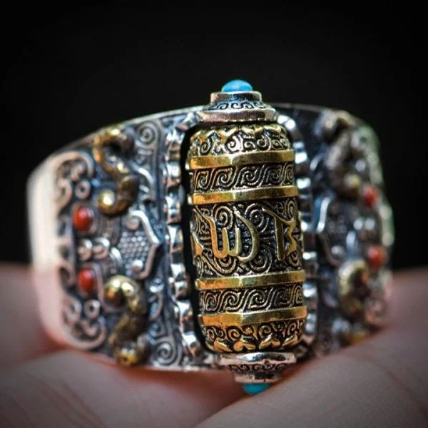 Sterling Silver Buddhist Mantra Taotie Prayer wheels Ring