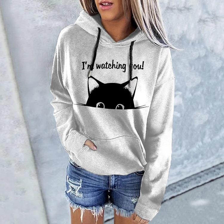 Vefave I'm Watching You Cat Print Casual Hoodie