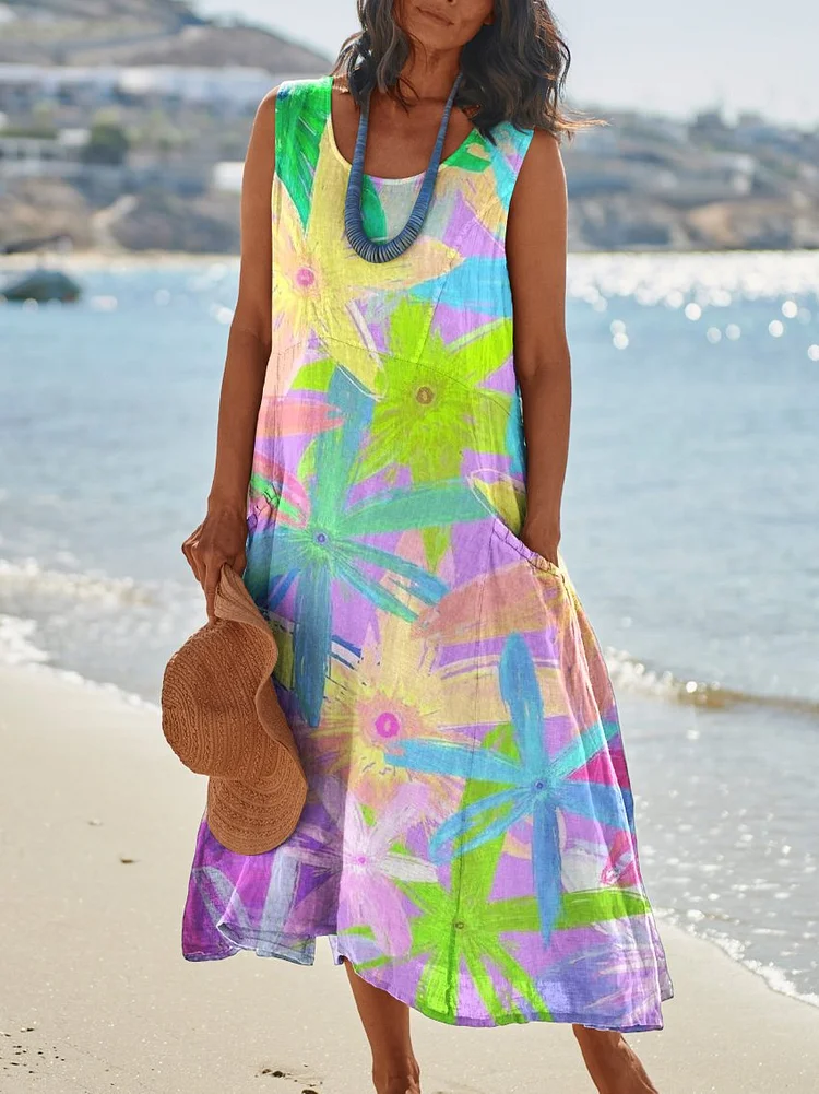 Colourful Fresh Floral Print Womens Pocket Pinafore Linen Dress