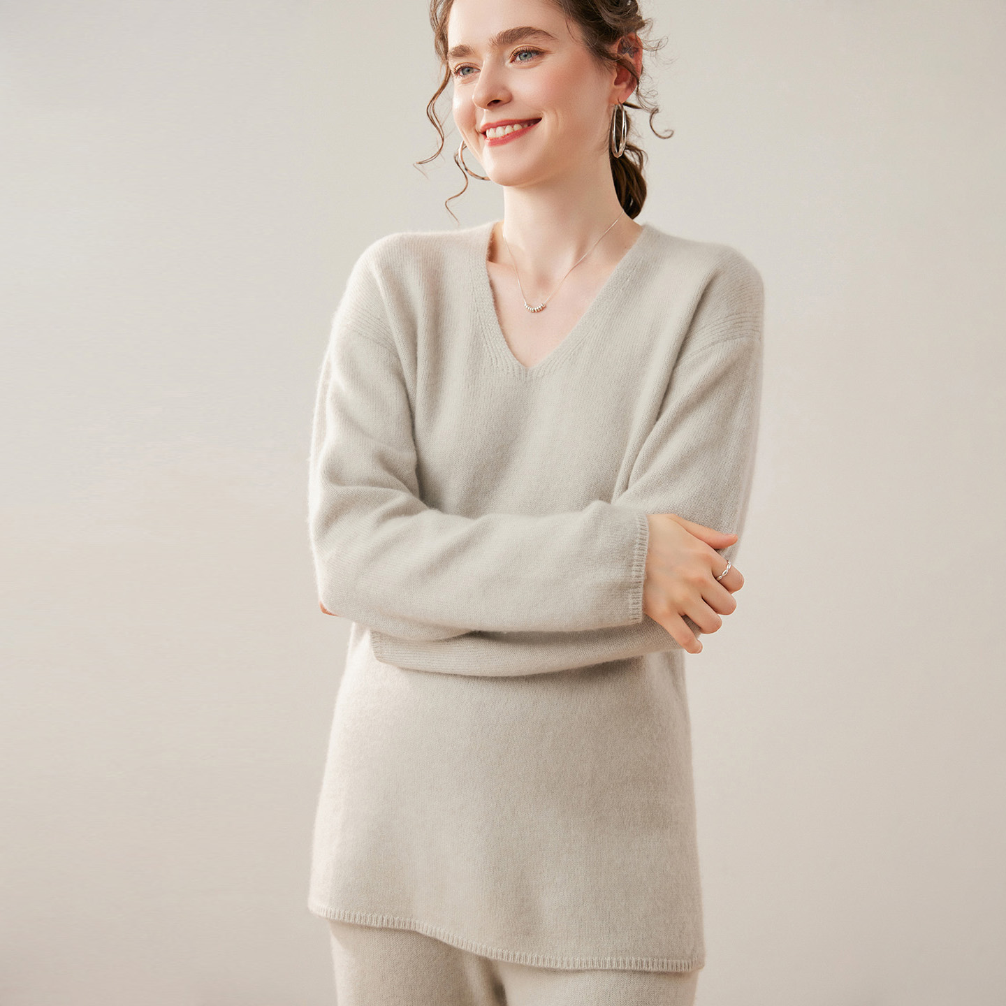Women's Cashmere Set V-Neck Sweater & Wide-Leg Pants REAL SILK LIFE