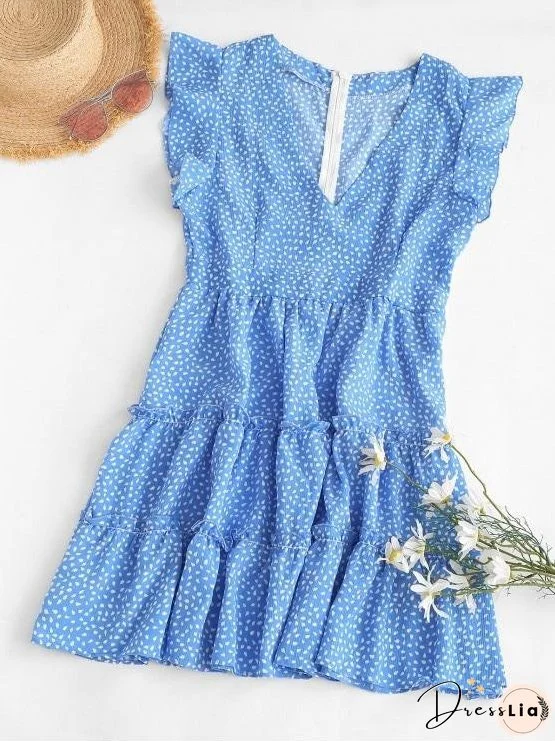 Flutter Sleeve Raindrop Print Mini Dress for Women