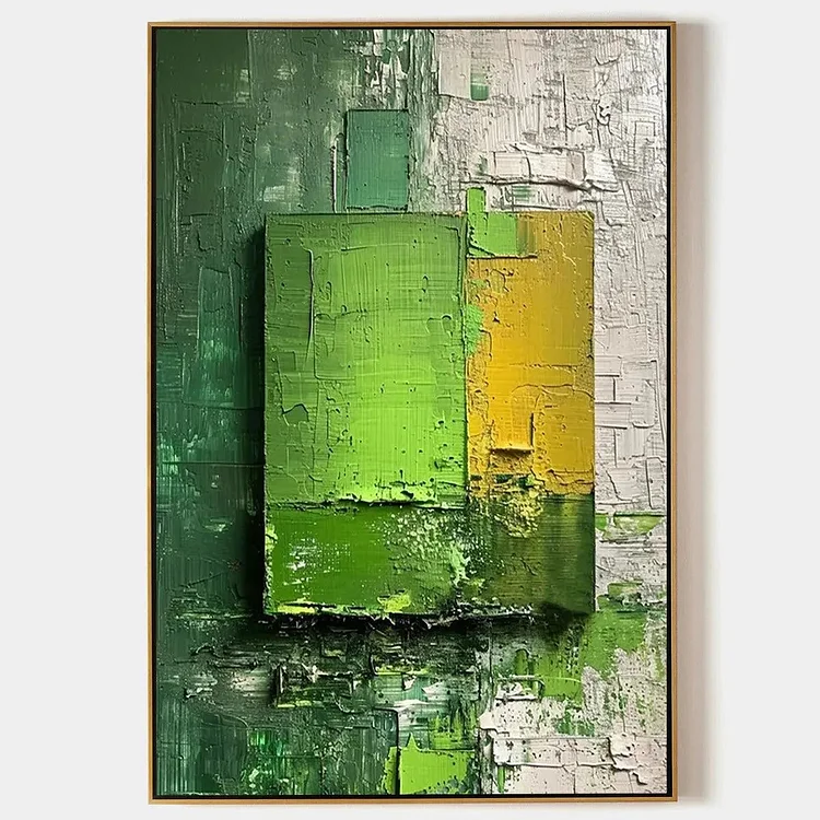 GREEN AND YELLOW TEXTURED BLOCKS: Impasto Abstract Painting, Vertical Wall Art（Canvas painting）