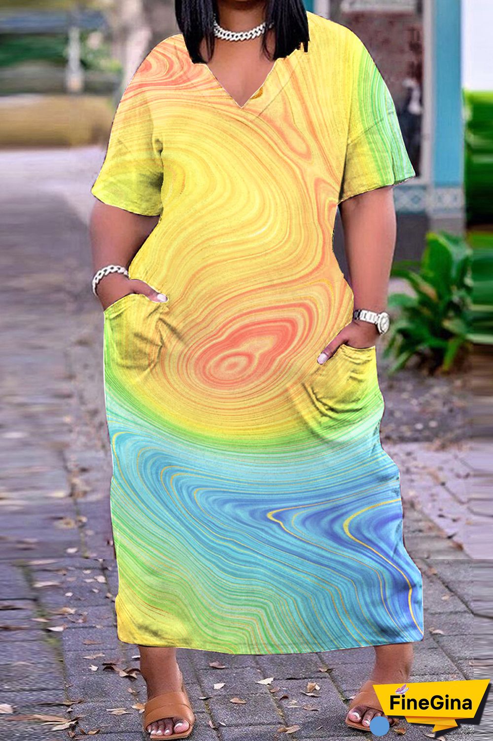 Light Blue Casual Print Patchwork V Neck Short Sleeve Dress