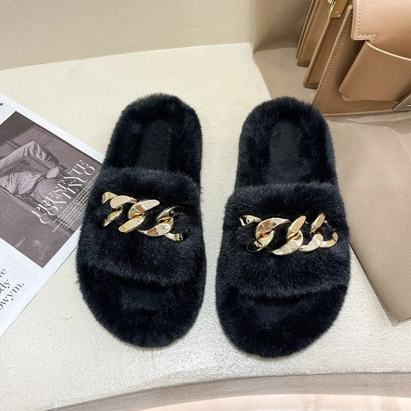 Summer Fluffy Women slippers Gold Chain Fur slippers Shoes Women Fox Fur Flip Flop Flat Furry Fur Slides Outdoor Sandals Woman