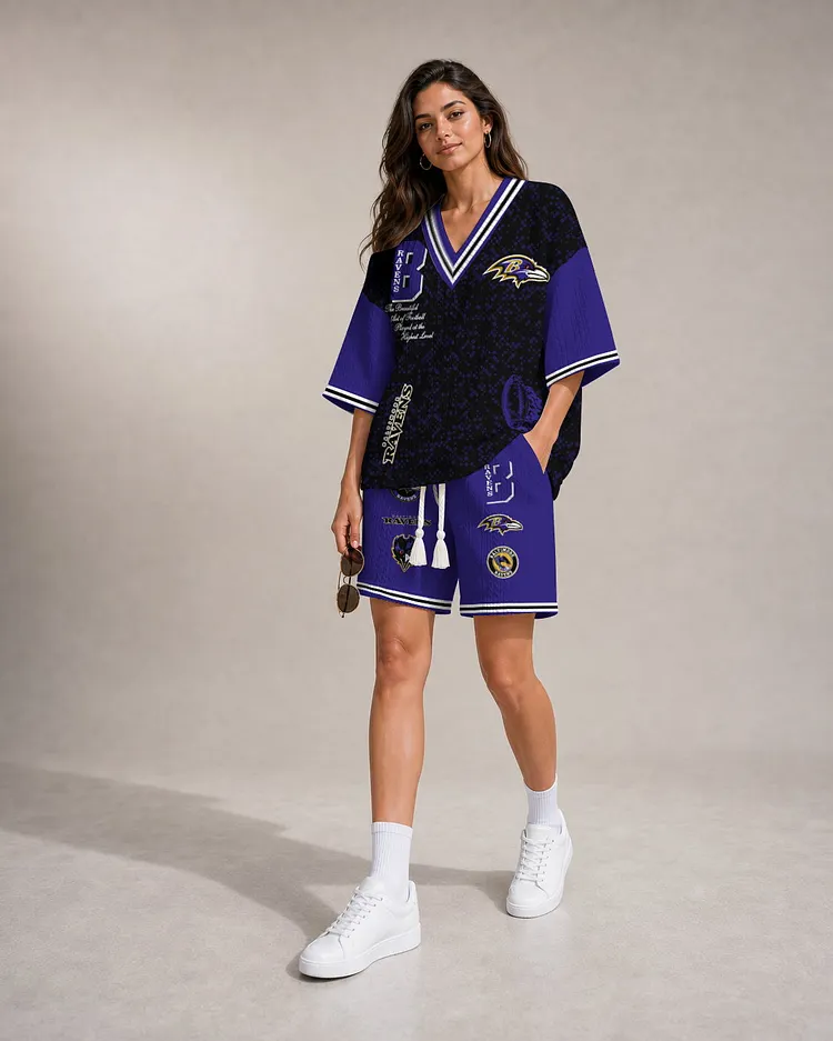 Baltimore Ravens Women&rsquo;s V-neck Jacquard Cable-Knit Tee & Shorts Set