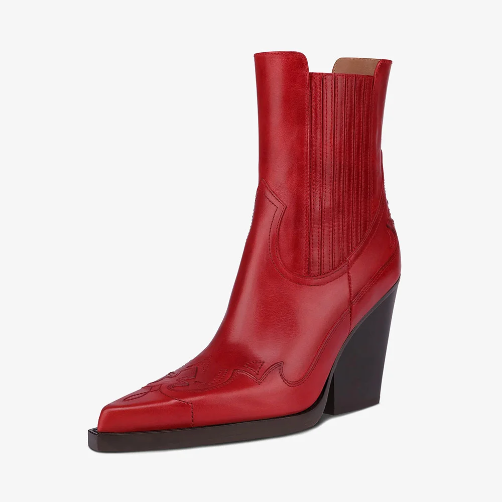 Women's Red Embroidered Pointed Toe High Heel Cool Chelsea Boots